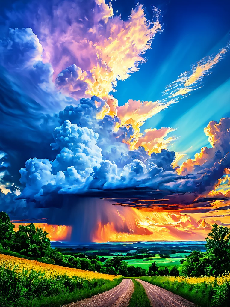 Summer sky (Painterly style), Realistic, highly Realistic, Attention to detail, breathtakingly Realistic, High contrast realism, High Saturation Realism, Vibrant colors, Dramatic lighting, Charming landscape, Persuasive storytelling, Atmospheric scenery, Captivating visuals, Intricate details, Strong emotions, Heavenly beauty, A dreamlike world