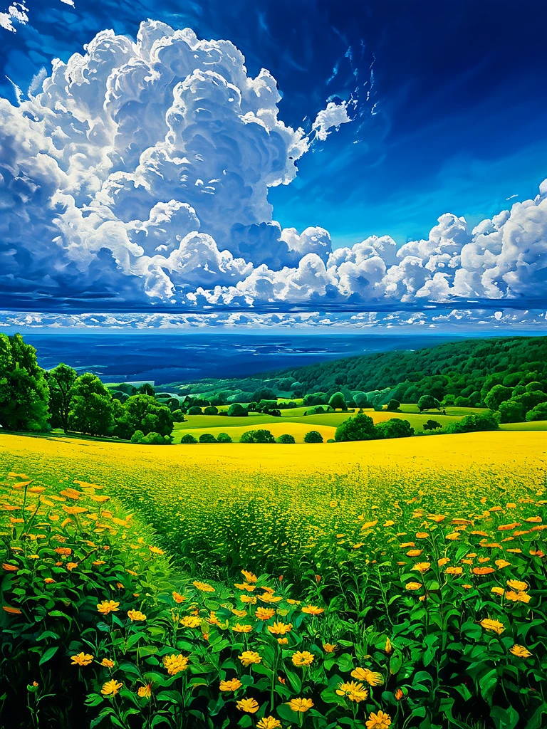 Summer sky (Painterly style), Realistic, highly Realistic, Attention to detail, breathtakingly Realistic, High contrast realism, High Saturation Realism, Vibrant colors, Dramatic lighting, Charming landscape, Persuasive storytelling, Atmospheric scenery, Captivating visuals, Intricate details, Strong emotions, Heavenly beauty, A dreamlike world