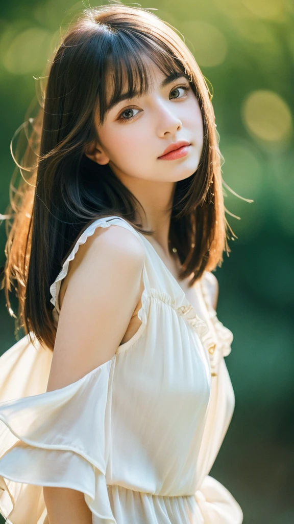 film portrait photography, 1girl, exposed bare shoulders, Wavy shoulder-length hair, peacful, serenidade, (Realistic detailed eyes, Natural skin texture, Realistic facial details), Soft dramatic lighting, depth of fields, bokeh, vibrant detail, finedetail, hyper realisitc, 35mm film, Hazy and blurry, cinematic ligh,Petite