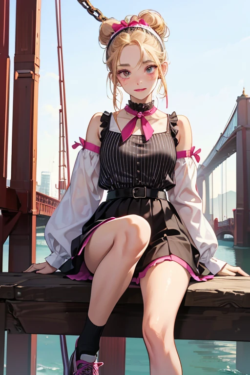 Sis Swing has tan skin and big brown eyes. She wears red lipstick and has pale blushed cheeks, along with freckles on the bridge of her nose. Her dirty blonde hair is worn up in a bun with her bangs partially curled on her forehead. She wears a fuchsia headband with a knotted bow.
Her outfit consists of a black and white striped top with elbow-length sleeves, a black belt, and a fuchsia poodle skirt with a black poodle design. Her black and white shoes are paired with white socks. Around her neck is a fuchsia cloth knotted on the corner. SPARKLE; GLITTER