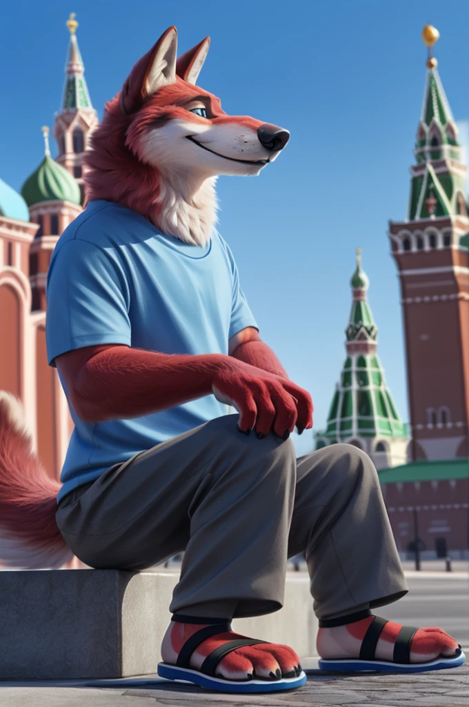Ivan Wolfbach (Moscow),high,Beautiful,slim,24 years,wolf, red fur,high Beautiful wolf, 24 years,(red body:1.3),beautiful blue eyes,Moscow россия, t-shirt, trousers,sandals,canine, wolf, detailed fur, male, antro, paw pads, finger claws, at viewer, 5 fingers, paws, 5 fingers,day,digital photography, soft focus,good mood,photorealism, realistic, photorealistic,digital style,from close walks around the city, Very close to the camera, digital photography, smile positive, good,mood,is sitting, 
masterpiece, Best quality, ultra realistic, 8 k)