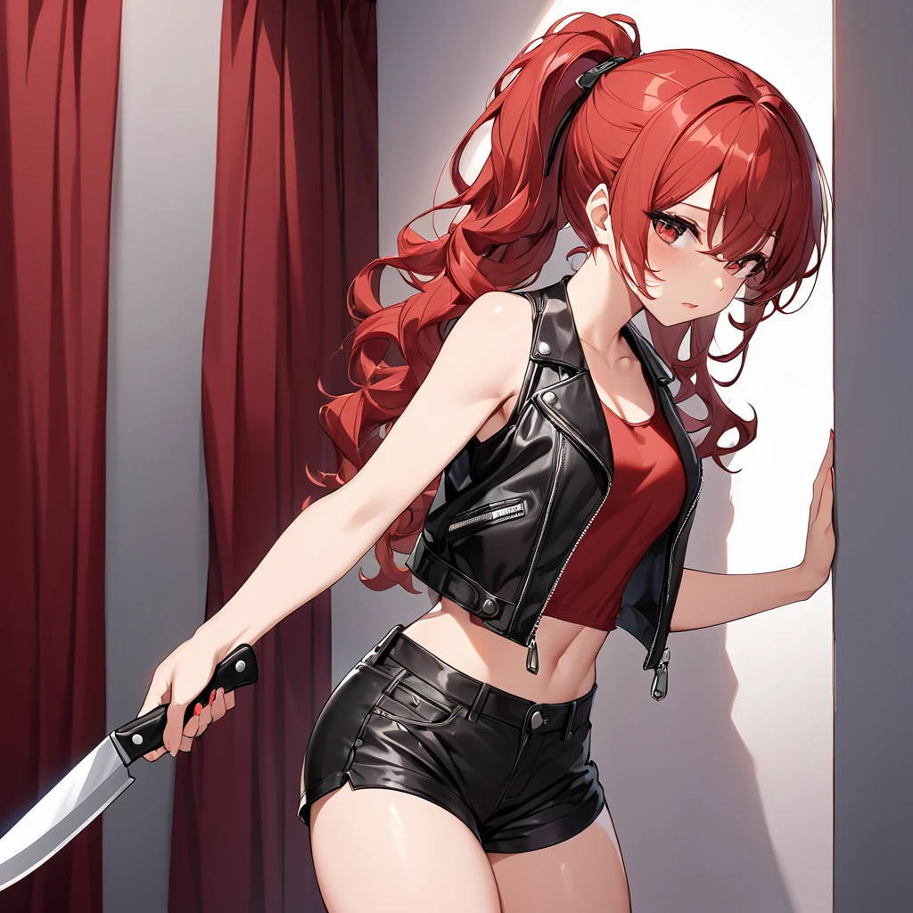 BREAK Perfect Anatomy、Highest quality、(cute:1.1)、(cute)、(High resolution:1.2)、Unbelievably absurd:1.3、Incredible illustrations、(cuteイラスト:1.2)、nsfw,(Beautiful background、Late Night、Bedroom、Red Curtain)、1gial(Red hair、strong wavy hair、ponytail)
,(leather jacket、Shorts、Tank top)Holding a large knife in his hand、With his back against the wall, he stares at me。