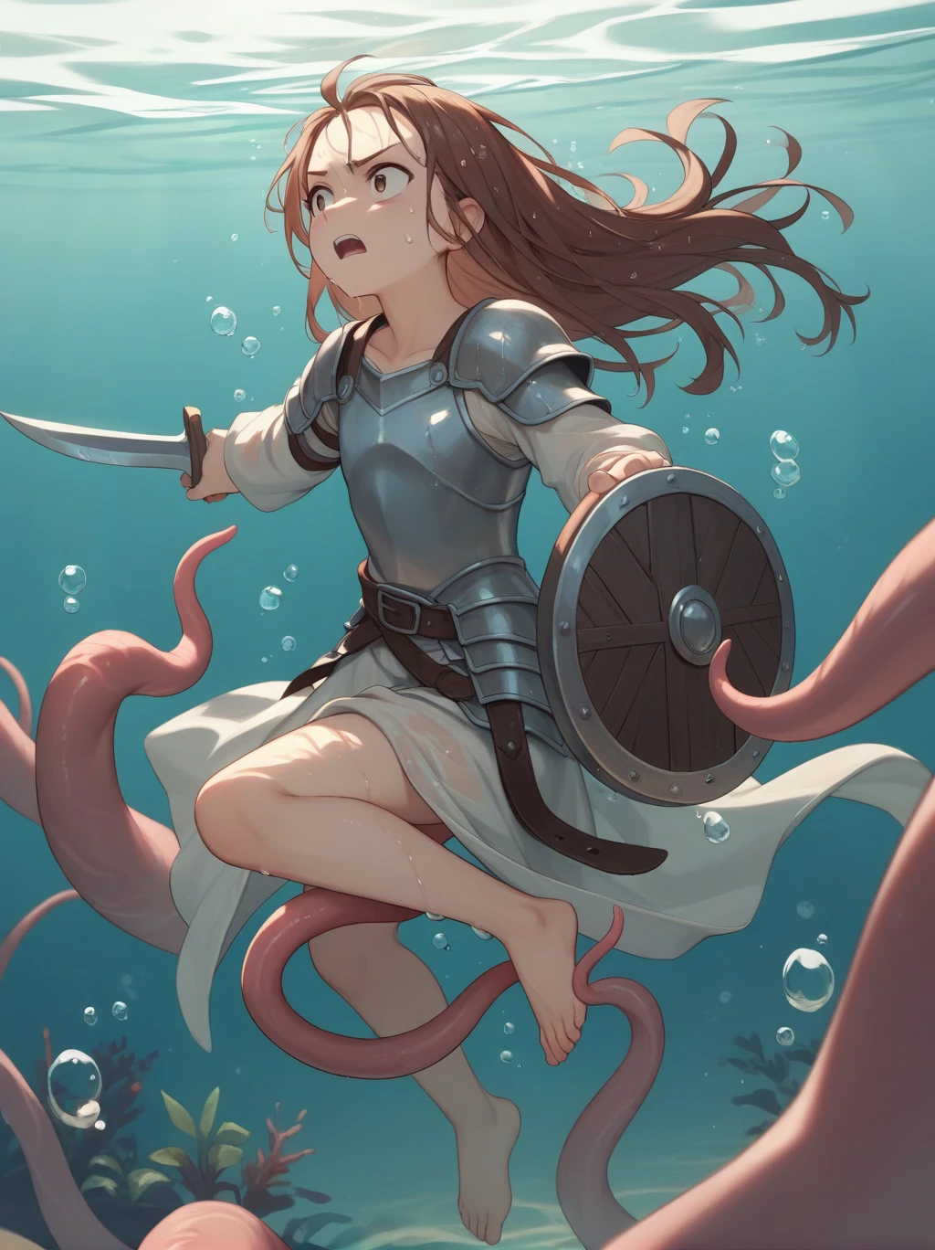 Partially underwater,最high quality,high quality, 4-year-old, , Long Hair, Brown Hair, Wet Hair, Flat Chest,Dark underground labyrinth,No light,Leather armor,Equipped with a dagger and a shield,Face above water,Body in water, Underwater Photography,The robe rolls up due to buoyancy,Painful face、My leg is pulled by tentacles、Being dragged into the water、Go wild