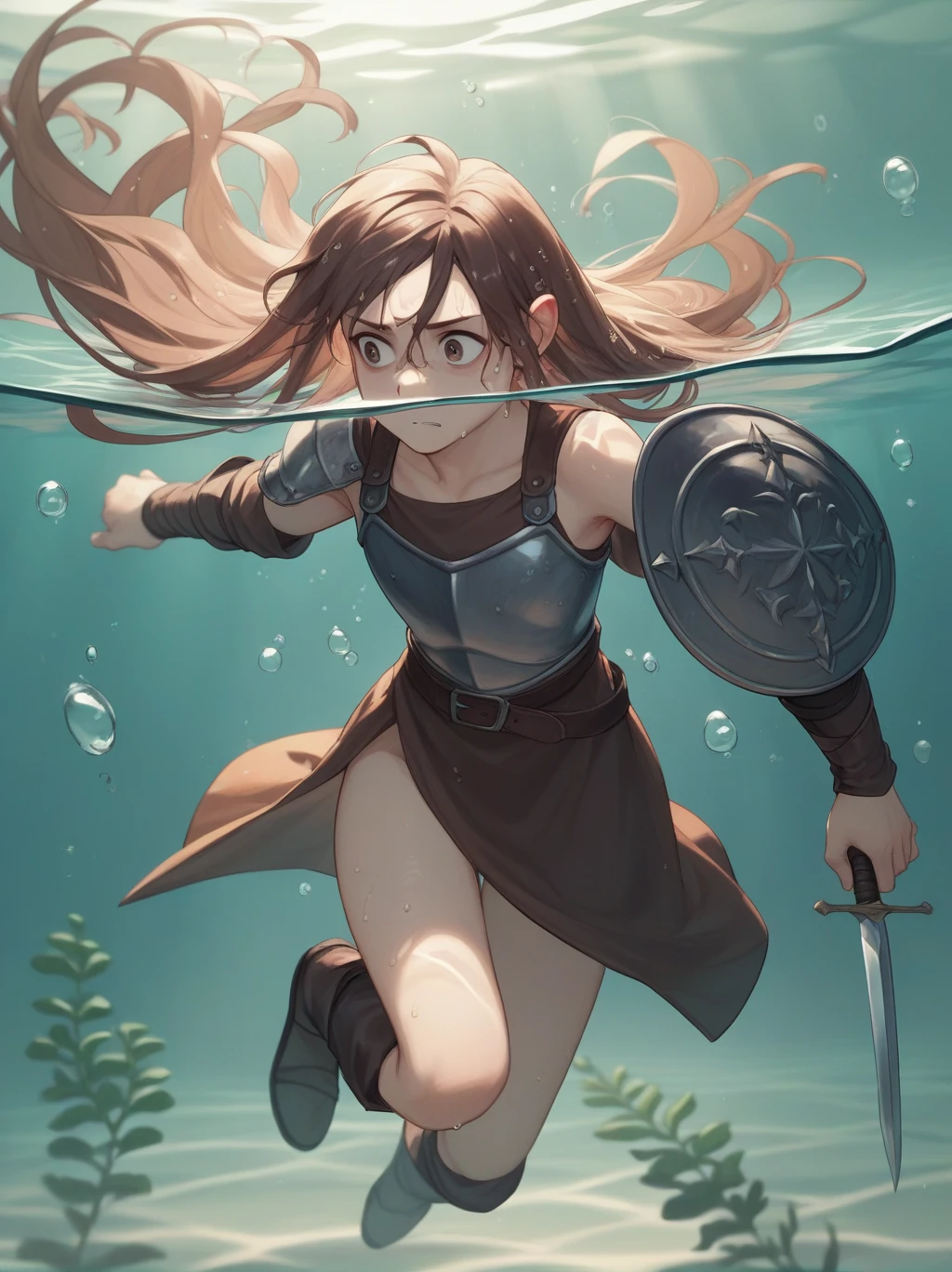 Partially underwater,最high quality,high quality, 4--old,Long Hair, Brown Hair, Wet Hair, Flat Chest,Dark underground labyrinth,No light,Leather armor,Equipped with a dagger and a shield,Face above water,Body in water, Underwater Photography,The robe rolls up due to buoyancy,Painful face、My leg is pulled by tentacles、Being dragged into the water、Go wild