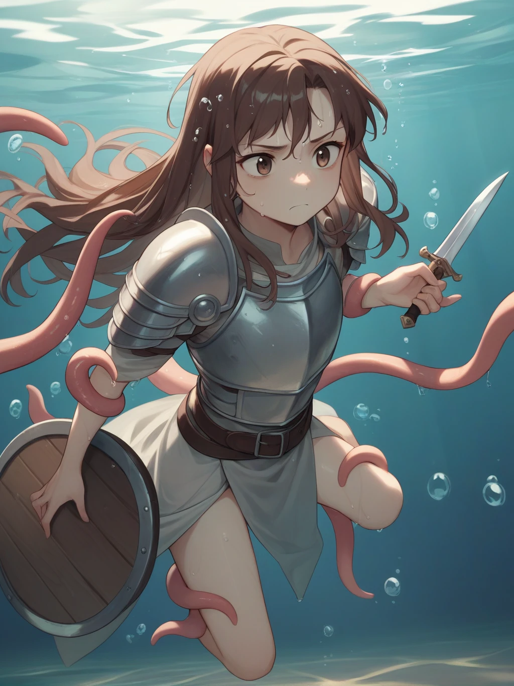 Partially underwater,最high quality,high quality, 4-year-old, , Long Hair, Brown Hair, Wet Hair, Flat Chest,Dark underground labyrinth,No light,Leather armor,Equipped with a dagger and a shield,Face above water,Body in water, Underwater Photography,The robe rolls up due to buoyancy,Painful face、My leg is pulled by tentacles、Being dragged into the water、Go wild