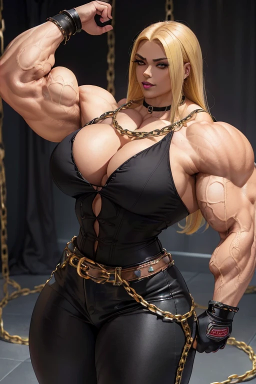 (((Massive tall, beautiful, buff, light brown skinned muscular woman with yellow hair, black lipstick, ginormous bulky muscles, surrounded by chains and wearing a beautiful black unbuttoned blouse with a beautiful black tight pants))), (close view), massive muscle, massive biceps, hyper muscle shoulders, massive muscle arms, vascular shoulders, hyper muscle triceps, (long flowing hair), (beautiful unbuttoned black blouse), gray eyes, gauntlets, gloves, choker, (beautiful black tight pants with a belt), boots, (in a dark space), confident smile, night, hyper vascular arm, hyper muscles arms, hyper muscle legs, massive arms