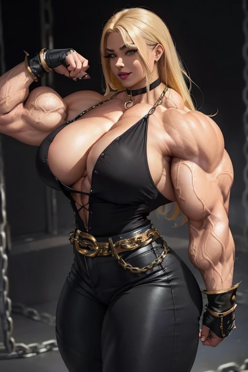 (((Massive tall, beautiful, buff, light brown skinned muscular woman with yellow hair, black lipstick, ginormous bulky muscles, surrounded by chains and wearing a beautiful black unbuttoned blouse with a beautiful black tight pants))), (close view), massive muscle, massive biceps, hyper muscle shoulders, massive muscle arms, vascular shoulders, hyper muscle triceps, (long flowing hair), (beautiful unbuttoned black blouse), gray eyes, gauntlets, gloves, choker, (beautiful black tight pants with a belt), boots, (in a dark space), confident smile, night, hyper vascular arm, hyper muscles arms, hyper muscle legs, massive arms