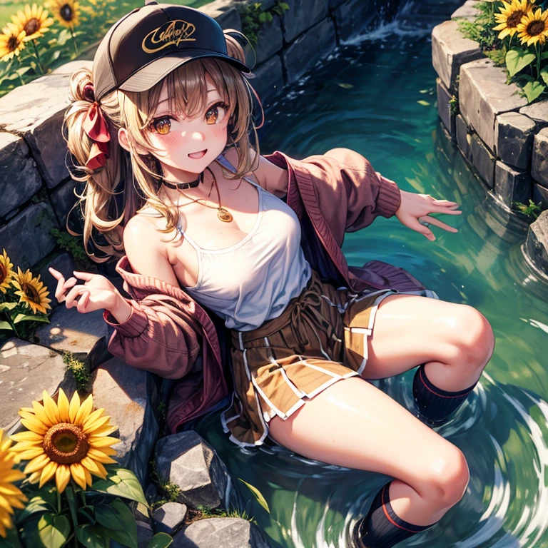 Red, brown, gold, gold hair、Golden Eyes、Hair tied up、One good looking girl、solo、anime、Checkered mini skirt、Ruffles on the skirt、camisole、Lightweight cardigan、Black knee-high socks、Wearing a baseball cap、Ribbon、Ribbon on waist、Teeth are visible、Silver coin necklace、From above、Sunflower Tunnel、Cobblestones、waterfall、Clear Stream、Have sunflowers、Midnight Moon、Winding Road、Unlocking、suspension bridge、Soap bubble