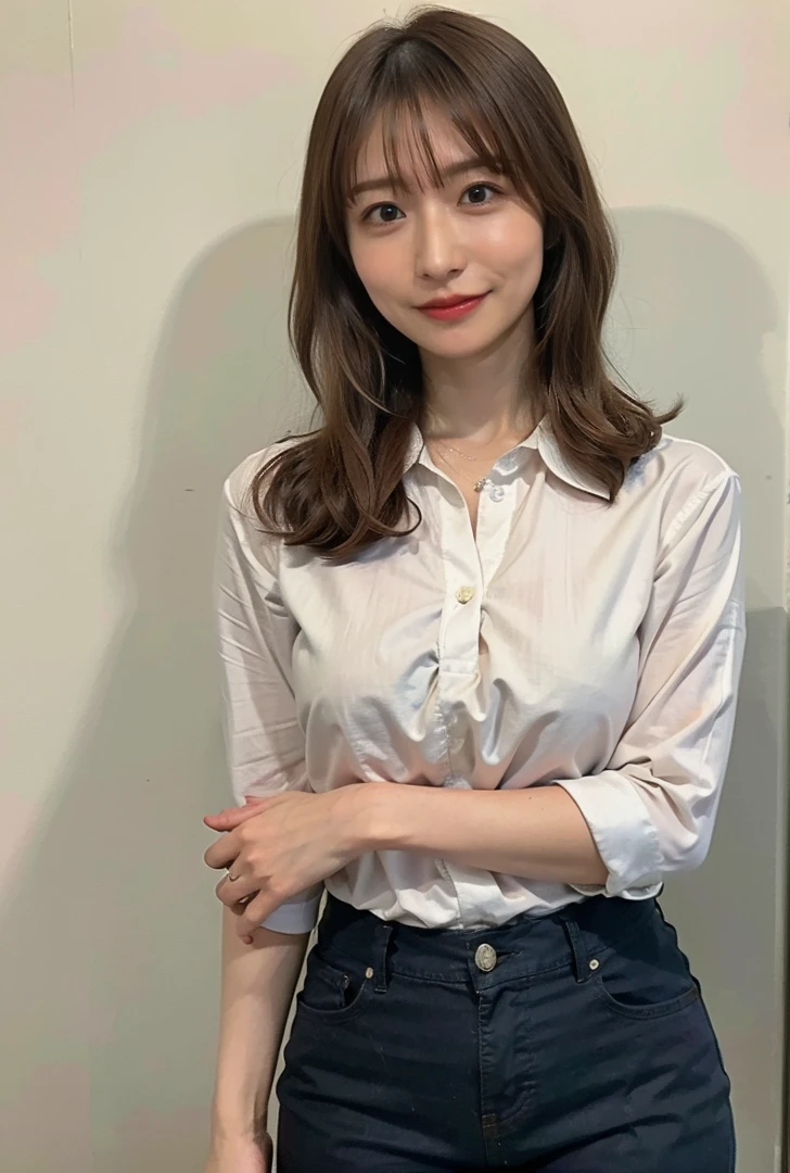 ((Droopy eyes、Are standing、Medium Hair、服の上からでもわかるBig Breasts、Both hands are in front of the navel、A photo showing pants through a short polo shirt、roll up one's shirt with one's hands、She is wearing a white polo shirt and luxurious white panties.、:1.4))、In the living room、Cream hair color、Her huge breasts are obvious even through her clothes....、Small earrings、Light brown hair color、:1.4))、Shiny Hair、Light beige hair color、Background Blur、Light brown hair、{{Cowgirl Shot}}、((Close-up shot from the waist up、Big Breasts:1.4))、Big Breasts、にっこりsmile、服からでも分かるBig Breasts、Cowboy Shot、素敵なsmile、((Revealing clothing))、Full body photo、ring、Tuck your hair behind one ear、Silver Necklace、smile、Caustics、Highly detailed photos、Big Breasts、Super no makeup、(8K、RAW Photos、Highest quality、masterpiece:1.2)、(Realistic、Realistic)、1 Girl、((Big Breastsショートヘア、Looking into the camera:1.4))、Hair blowing in the wind