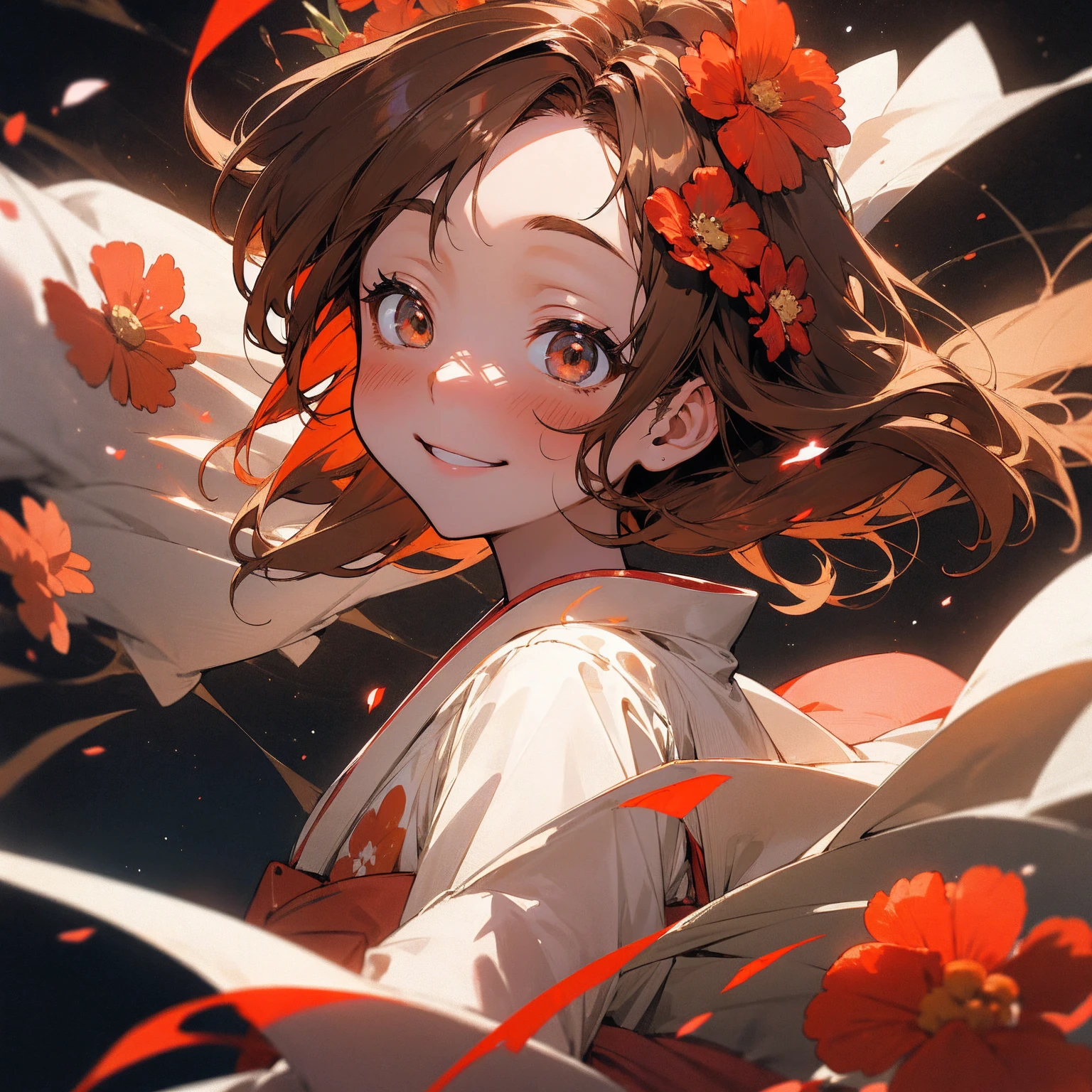 (beautifully、aesthetic:1.2)、(1 Girl:1.3)、(Brown color hair:1.2)、Wearing a red kimono、miracle、happinessそうなsmile、smile、happiness、Great space、Red and white flowers、