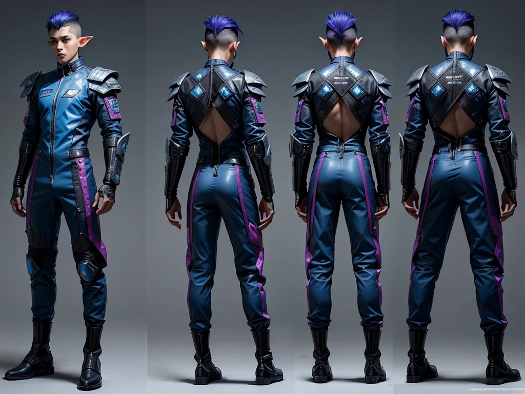 Male elf, biracial, short hair with shaved sides, wearing a cyberpunk space suit, weilding cyberpunk daggers, cgaracter concept design, ((character design sheet, front, back, side view))