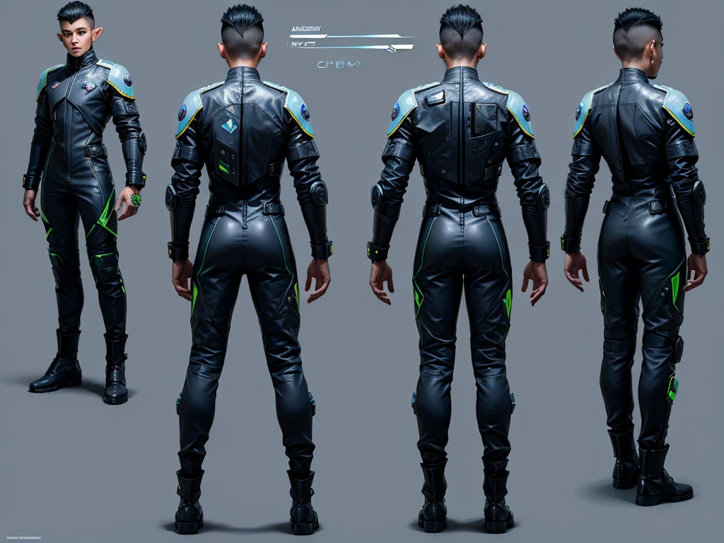 Male elf, biracial, short hair with shaved sides, wearing a cyberpunk space suit, weilding cyberpunk daggers, cgaracter concept design, ((character design sheet, front, back, side view))
