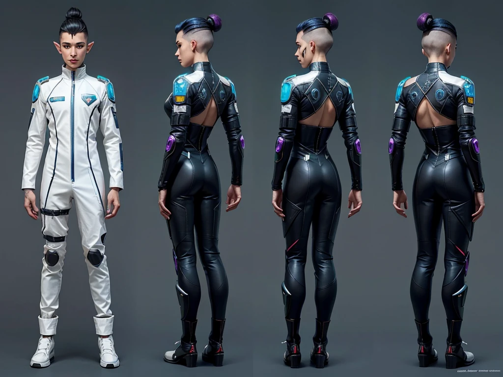 Male elf, biracial, short hair with shaved sides, wearing a cyberpunk space suit, weilding cyberpunk daggers, cgaracter concept design, ((character design sheet, front, back, side view))