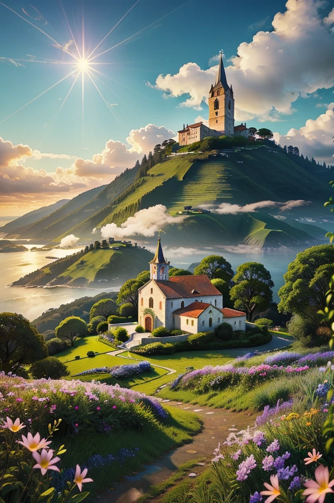 Medieval Catholic church on the mountain, View of the sea, surrounded by lush vegetation in a valley of flowers, rise sun, with rays of light, slightly misty day, Ultra -HD, 真实感, cinematic light, detailed back ground, swirly vibrant colors, conceptual artwork