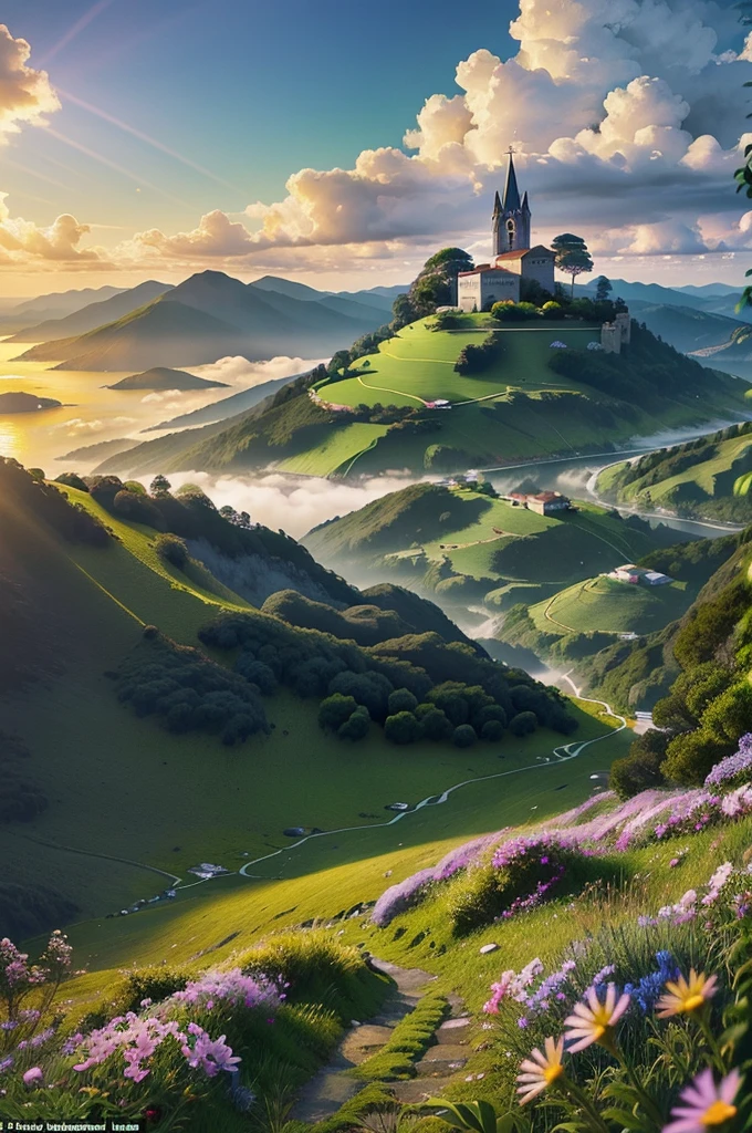 Medieval Catholic church on the mountain, View of the sea, surrounded by lush vegetation in a valley of flowers, rise sun, with rays of light, slightly misty day, Ultra -HD, 真实感, cinematic light, detailed back ground, swirly vibrant colors, conceptual artwork