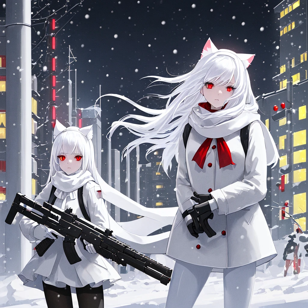 White hair, cat ears, 1 girl, white pantyhose, red eyes, black short skirt, white scarf (white scarf covering the neck), gray halo, holding a sci-fi rifle, high quality, snow, city (snowy city)