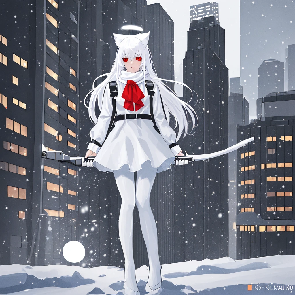 White hair, cat ears, 1 girl, white pantyhose, red eyes, black short skirt, white scarf (white scarf covering the neck), gray halo, holding a sci-fi rifle, high quality, snow, city (snowy city)