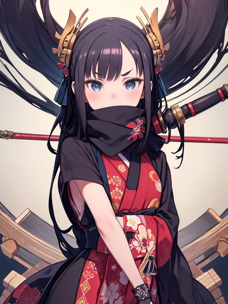 (masterpiece:1.4),Very high quality,Very high resolution,Super detailed,intricately detailed face and eyes,Complex Lines,Delicate painting 1 girl, alone, chest, View your viewers, blue eyes, Black Hair, hair ornaments, Holding, arms, kimono, kimono, Holding arms, anger,flowertattoo, mask, Traditional Media, knife, Combat Stance, Ninja, marker \(Moderate\),woman,pirate,Stand on the boat,scarf,Covered my mouth,maritime,Wooden boat,Holding a harpoon,Roll up the hem of the kimono and tuck it into the obi,Loincloth,thigh,Dark Skin,Black Hair,Long Hair,tattoo,hachimaki,hair band,Strong Body,Brave Face, Sharp Eye,Thick eyebrows,Thick lips,anger,big chest,chestの谷間,Holding arms,harpoon,scarf,