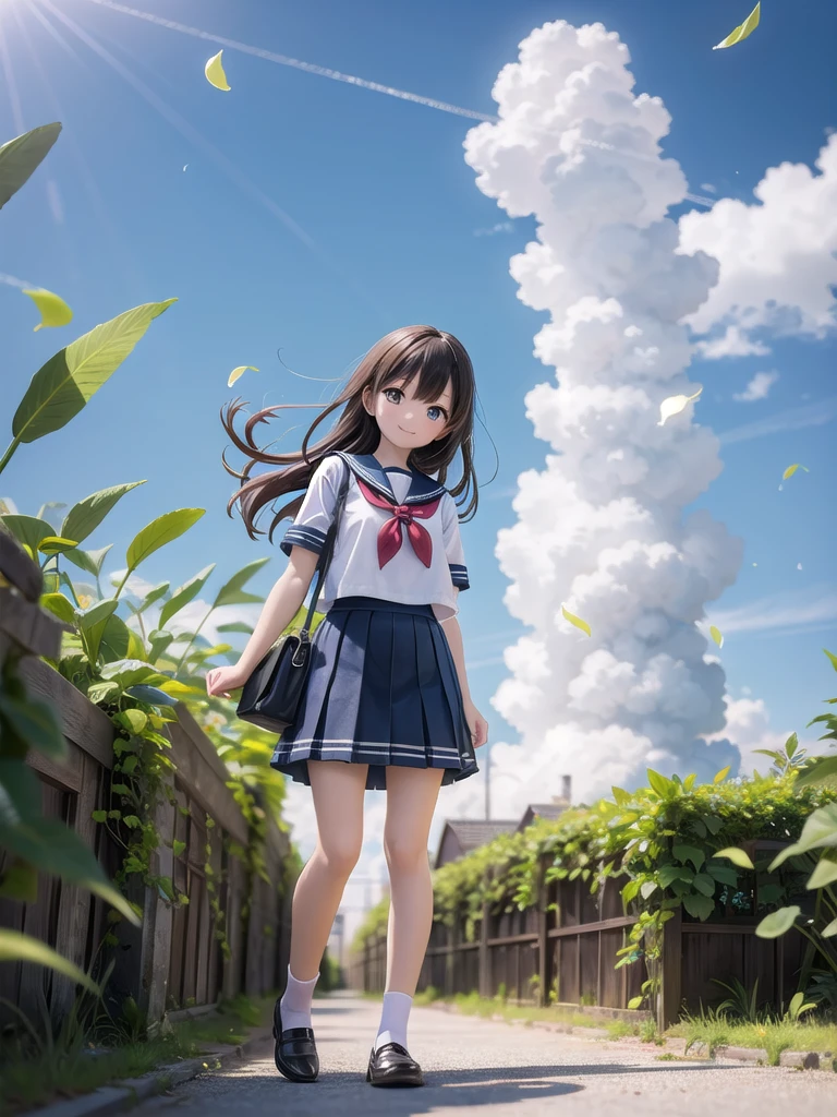 (masterpiece),  town,  blue sky,  One Girl,  smile,  alone,  Sailor suit、Long skirt,  Overgrown,  petal,  plant、Skirt lining、Translucent slip、Nostalgic、Strong winds、Skirt fluttering in the wind