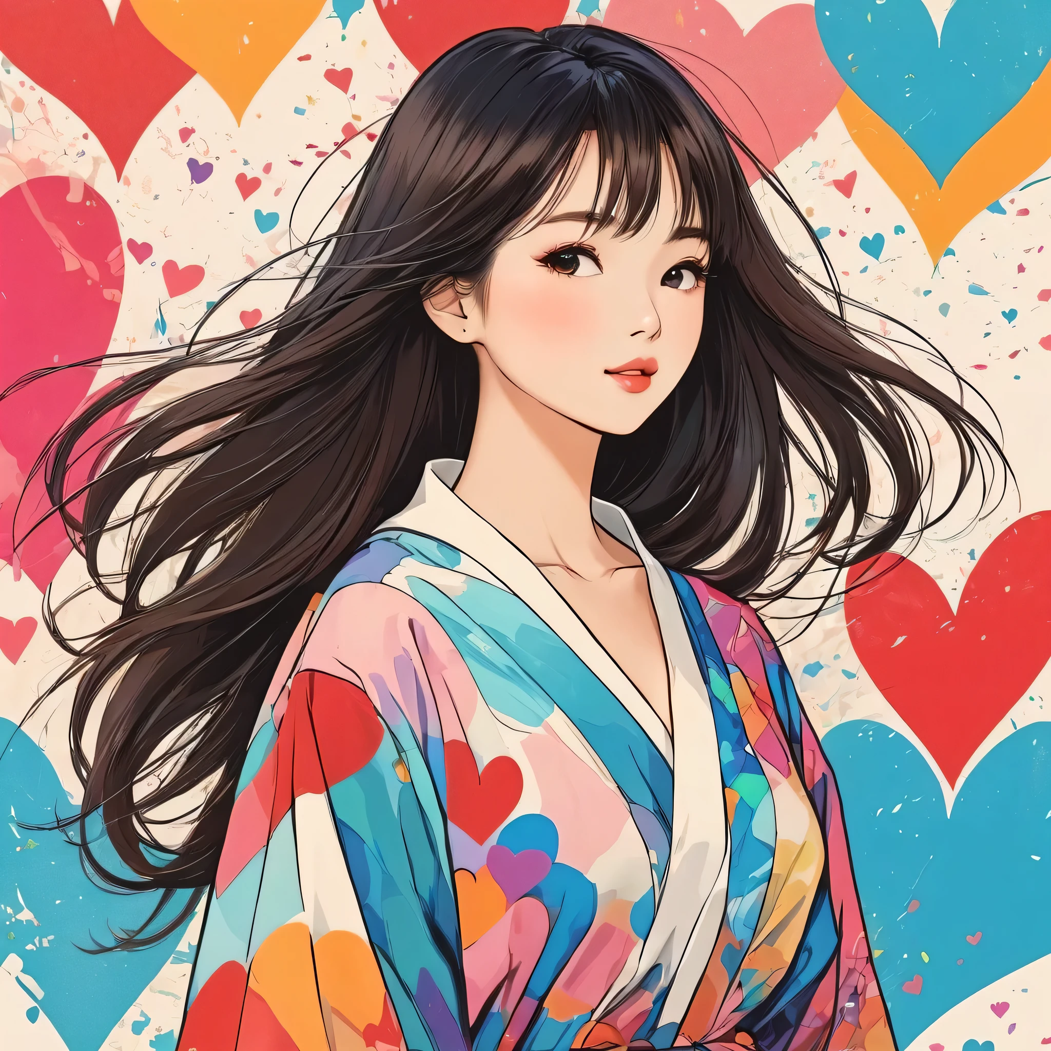 Mai Yoneyama style, Simple Line Initialism，Abstract art，Urban Background, colorful hearts ,(((The most beautiful girl of all time))),
