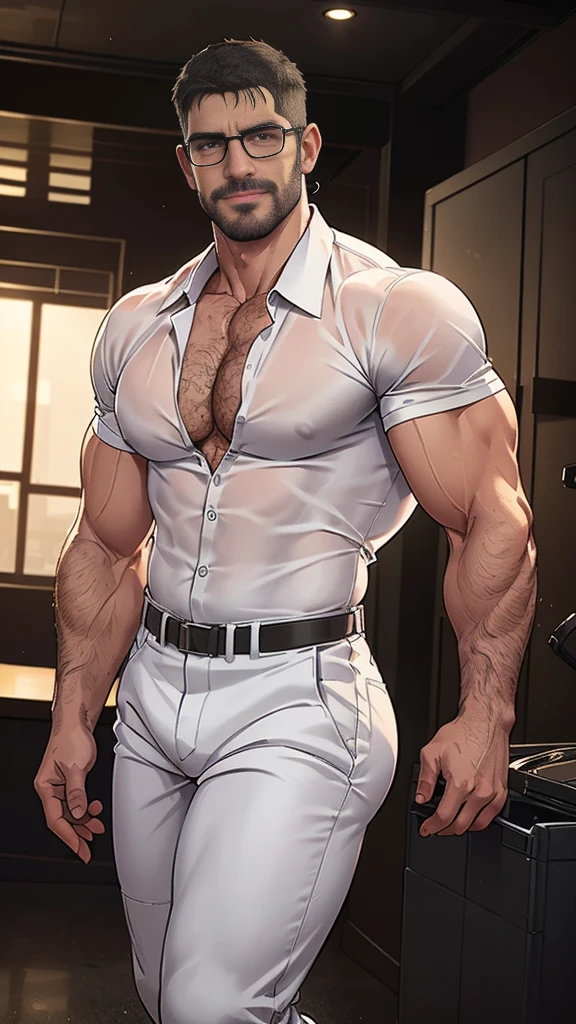 An award-winning original photo,A wild muscular man, chris redfield from resident evil 8, (50 years old daddy:1.1), 1man, Solo, employee, (putting on a black dressshirt, black trouser), gray hair, (big shoulder), (hairy body), musculature, big feet in black socks, stubbles, Short beard, wearing glasses, smiles, Dynamic Angle, volumetric lighting, (Best quality, A high resolution, Photorealistic), Cinematic lighting, Masterpiece, RAW photo, Intricate details, hdr, depth of field, from below, big dick, black socks