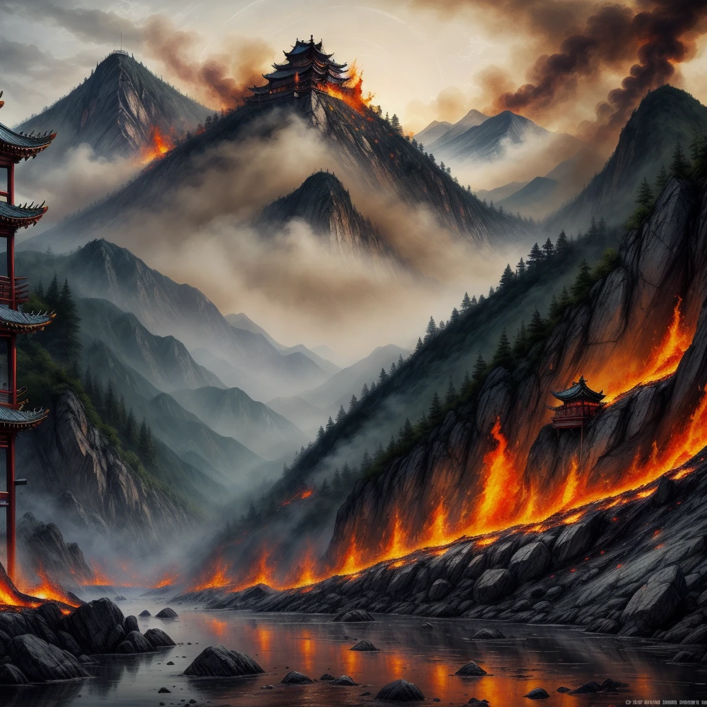 In the depths of the flames, A burning and mysterious ancient Chinese city unfolds, The picture is full of hot flames(There are no mountains in the picture),Shadows linger there, Lost in a mysterious dreamland of ancient Chinese city walls Realism