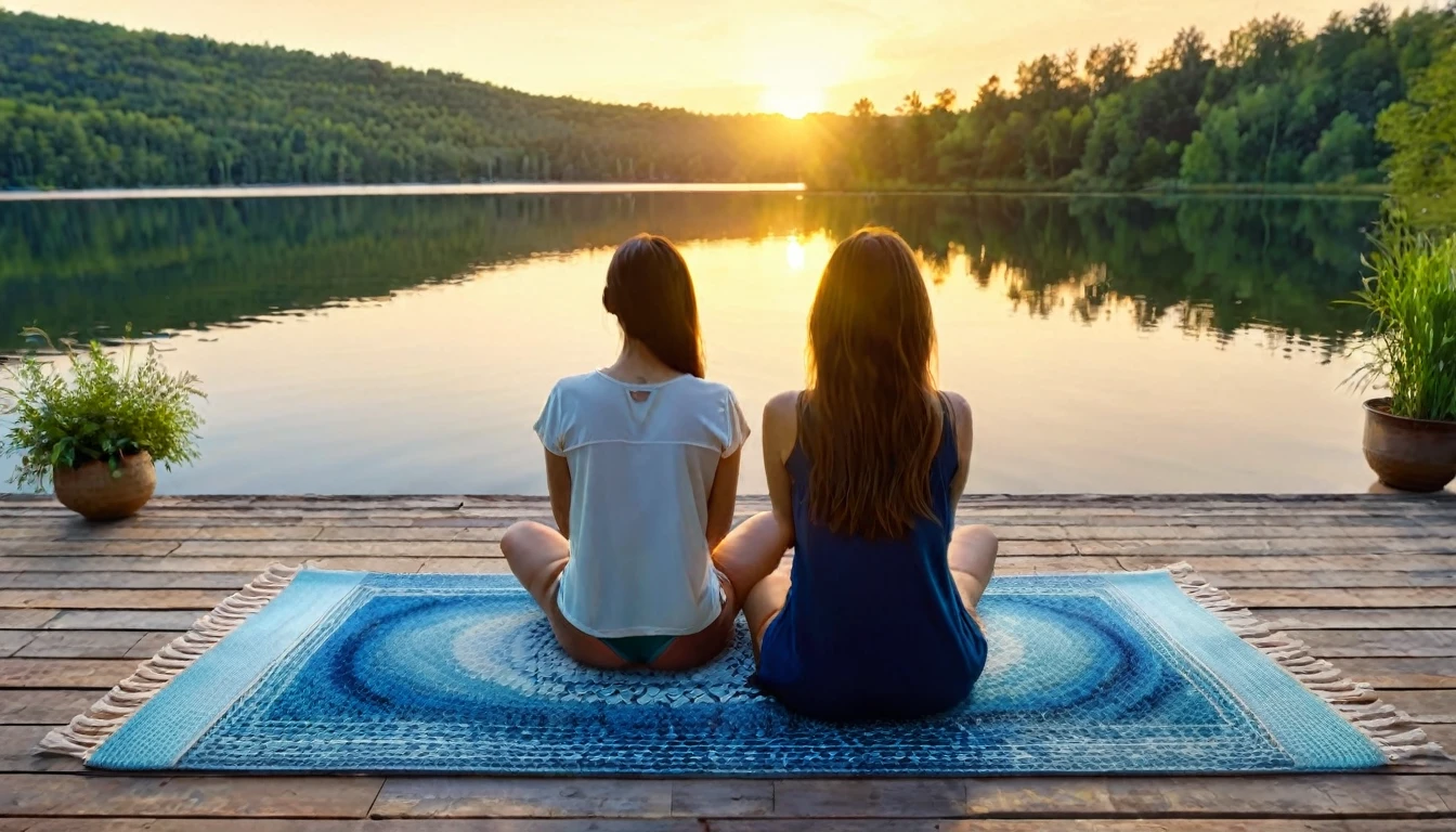 A woman filmed with her back facing the sunrise in a meditative position with nature and a calm lake around her, the woman is sitting on a rug and a cushion on a wooden pier, a color palette s]in shades of blue and yellow.. ultra realistic image