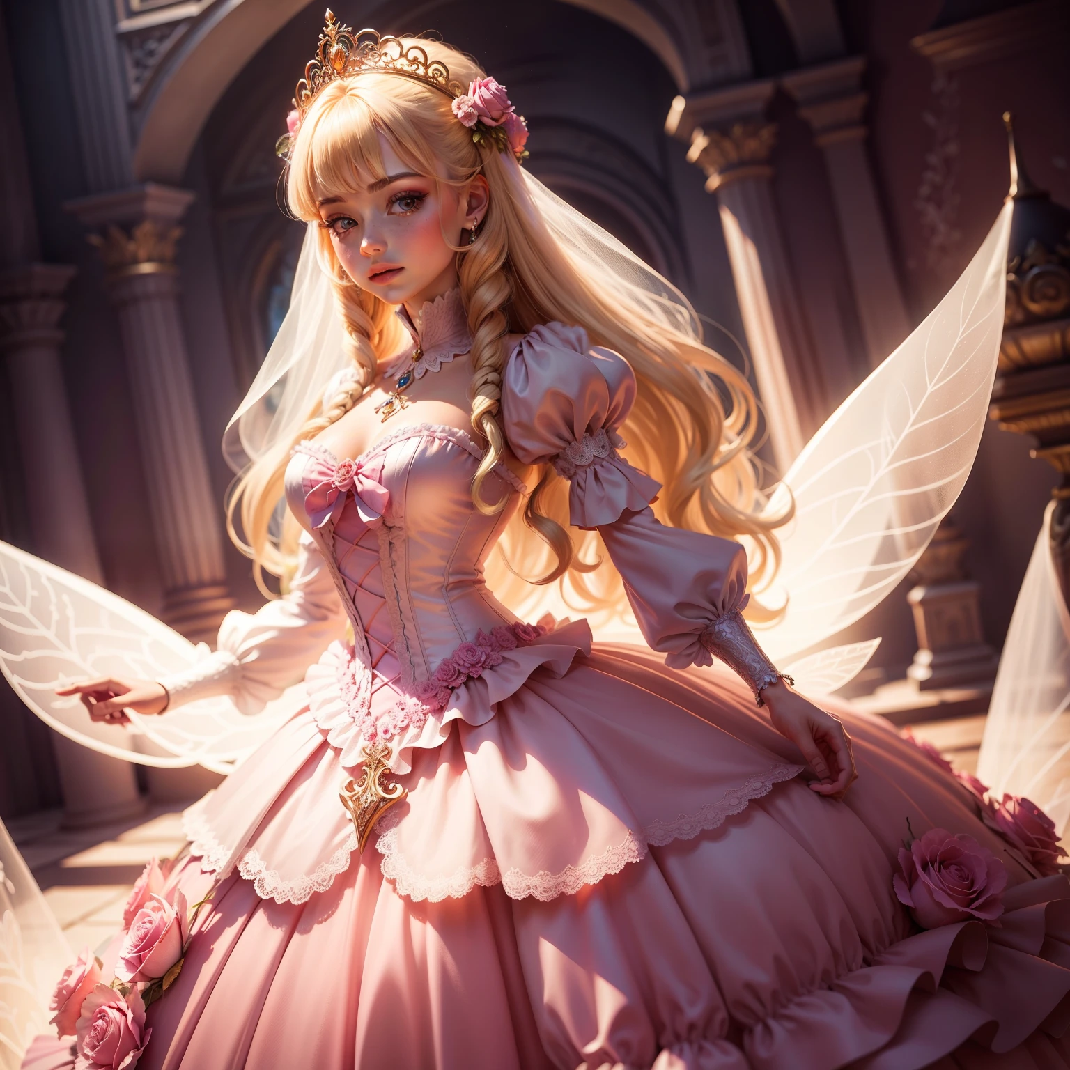 Beautiful transparent Barbie princess，Victorian fairy tale ball dress，Pink rose space，Fairy tale fantasy art