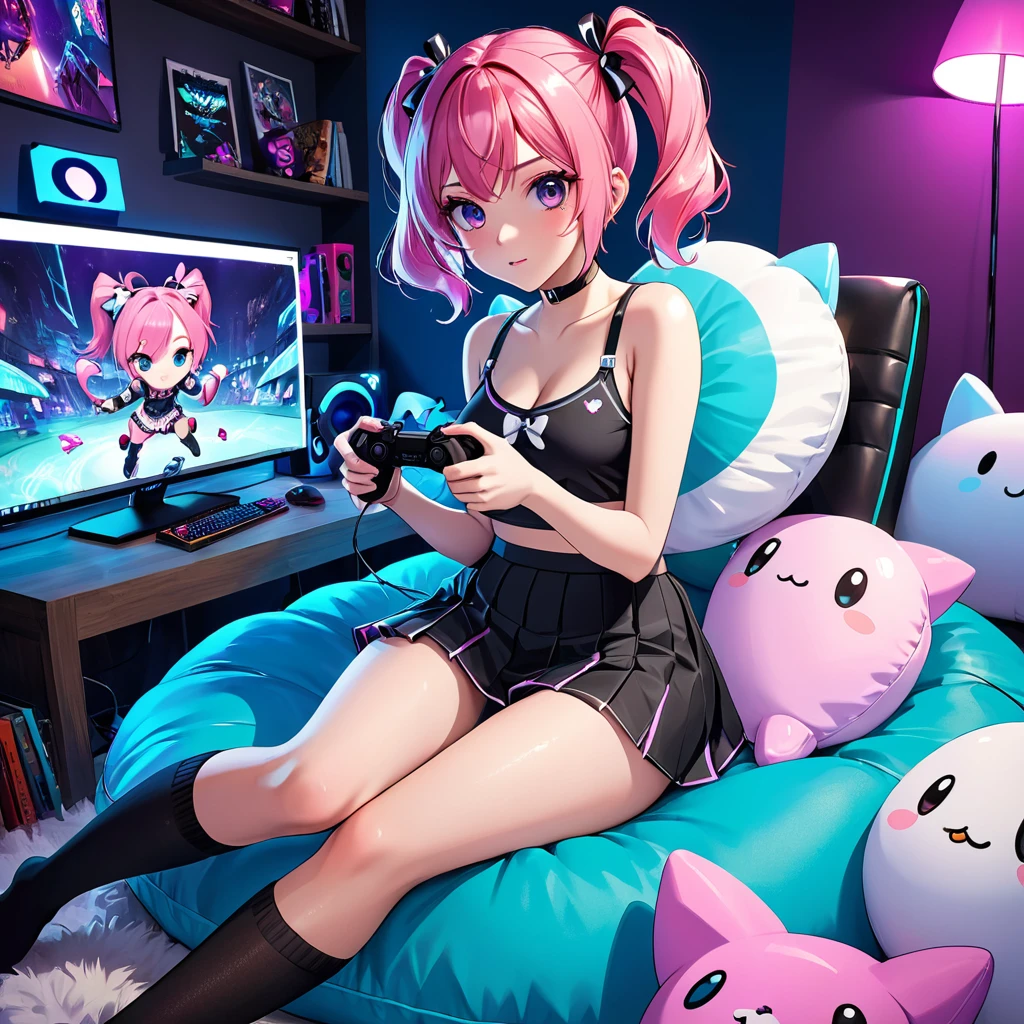 masterpiece, highly detailed, 8k, night time, neon gaming cave, adorable short haired American gamer girl sitting on a bean bag, cute face, holding a playstation game control, looking at the monitor, Twitch streamer, camgirl, very short skirt, fit, gorgeous, sexy, 23 year old, over the knee socks, pink hair, messy twin tails, (dynamic pose), (dynamic angle), panty shot