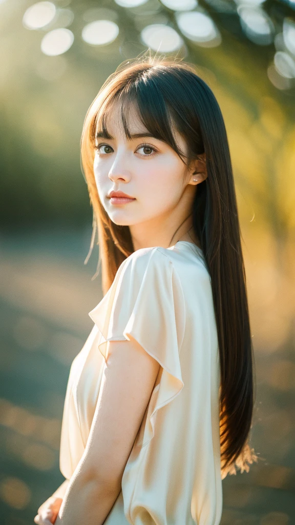 (Random Nationality):1.5, masterpiece, Highest quality, 8K, 20th Generation, (Large Breasts:1.2), cute, alone, sad, close, cute, Girlish, Delicate girl, Pure beauty, RAW Photos, Professional photography, Portraiture, Soft Light, Professional Lighting, Backlight, Upper Body, avert your eyes, Sophisticated, Film Grain, (Eyes and facial details:1.0), Beautiful straight hair, Hair swaying in the wind, Silk blouse, Random hairstyle