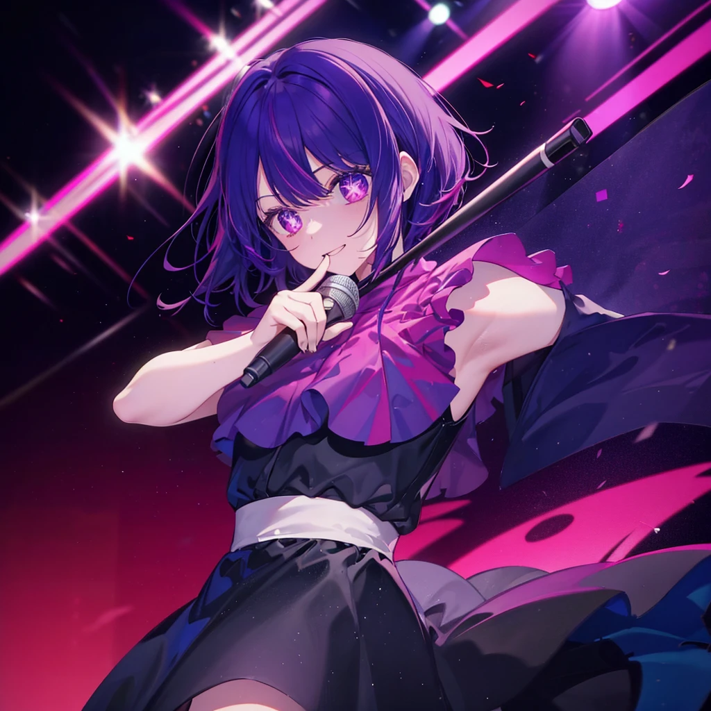 (((Hoshino Ai))) (((1 person Purple Hair dress singer Pink Eyes There is a microphone stand in front of me.))) ((High resolution short hair 青いdress Black Skirt Also々funny Face)) ((close)) ((Sing a song Shining Aura on stage Guitar solo)) (smile Star Iris) Shining Background Shining Edges