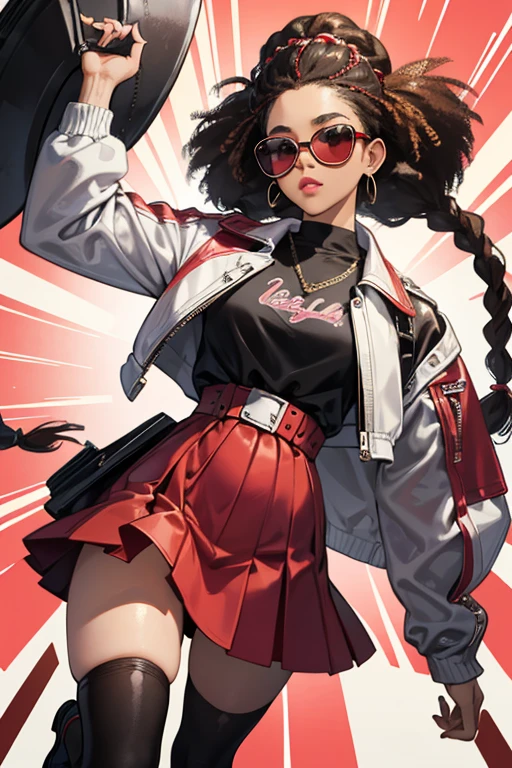 Thrilla has dark brown skin, brown eyes, and frizzy brown hair in an afro with braids leading to it. She wears pink lipstick, and has red-rimmed sunglasses that are tinted black with a silver chain on the top. She wears a cropped black shirt with a silver zipper that dips slightly in the middle, a red leather jacket with black details, a red skirt, white socks, and black shoes. SPARKLE; GLITTER