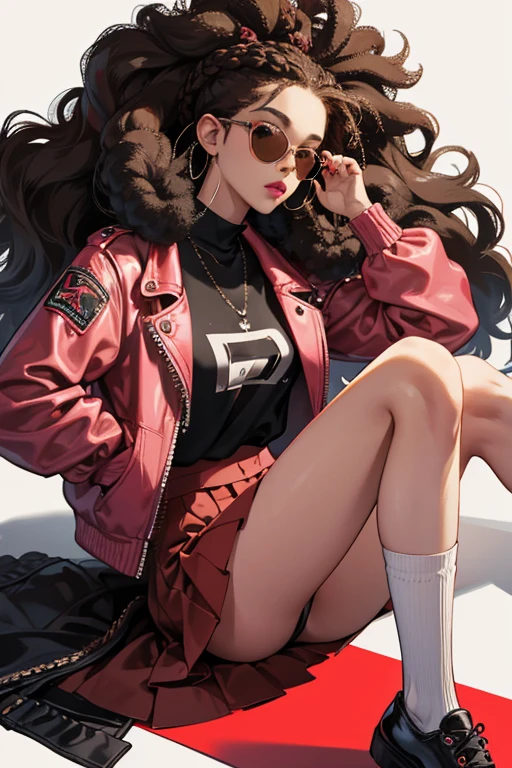 Thrilla has dark brown skin, brown eyes, and frizzy brown hair in an afro with braids leading to it. She wears pink lipstick, and has red-rimmed sunglasses that are tinted black with a silver chain on the top. She wears a cropped black shirt with a silver zipper that dips slightly in the middle, a red leather jacket with black details, a red skirt, white socks, and black shoes.  SPARKLE; GLITTER