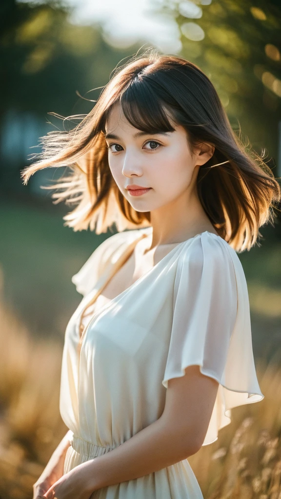 (Random Nationality):1.5, masterpiece, Highest quality, 8K, 20th Generation, (Large Breasts:1.2), cute, alone, sad, close, cute, Girlish, Delicate girl, Pure beauty, RAW Photos, Professional photography, Portraiture, Soft Light, Professional Lighting, Backlight, Upper Body, avert your eyes, Sophisticated, Film Grain, (Eyes and facial details:1.0), Beautiful straight hair, Hair swaying in the wind, Silk blouse, Random hairstyle