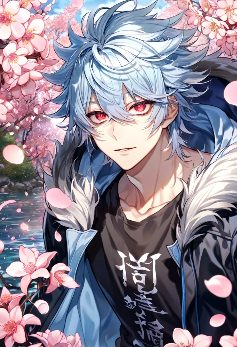 Ultra detailed, highres, absurdres, HDR, master piece, Kuro, messy hair, light blue hair, expressive red eyes, black bags under the eyes, Servamp, fantasy, pink petals, water, pink flowers, handsome, sexy man, solo, best quality, blossoms, blue shining fireflies, black shirt, a hooded light blue jacket with fur, the word "KROZSERIA" is written on his shirt