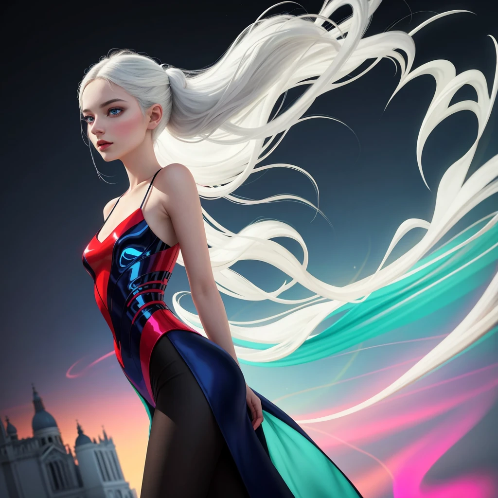 A striking full-body portrait of a young Venetian woman, her radiant energy captivating the viewer. Her porcelain-white skin glows softly, adding a supernatural touch. Clad in a vibrant red and blue outfit, she confidently leans against a futuristic, holographic cityscape that seamlessly blends with her, creating an otherworldly atmosphere. The minimalist white backdrop highlights her captivating presence, while the explosion of vibrant colors in the background contrasts with the backdrop's simplicity. The skillful play of light and shadow gives depth and dimension, resulting in a visually stunning and masterful depiction of modern style.