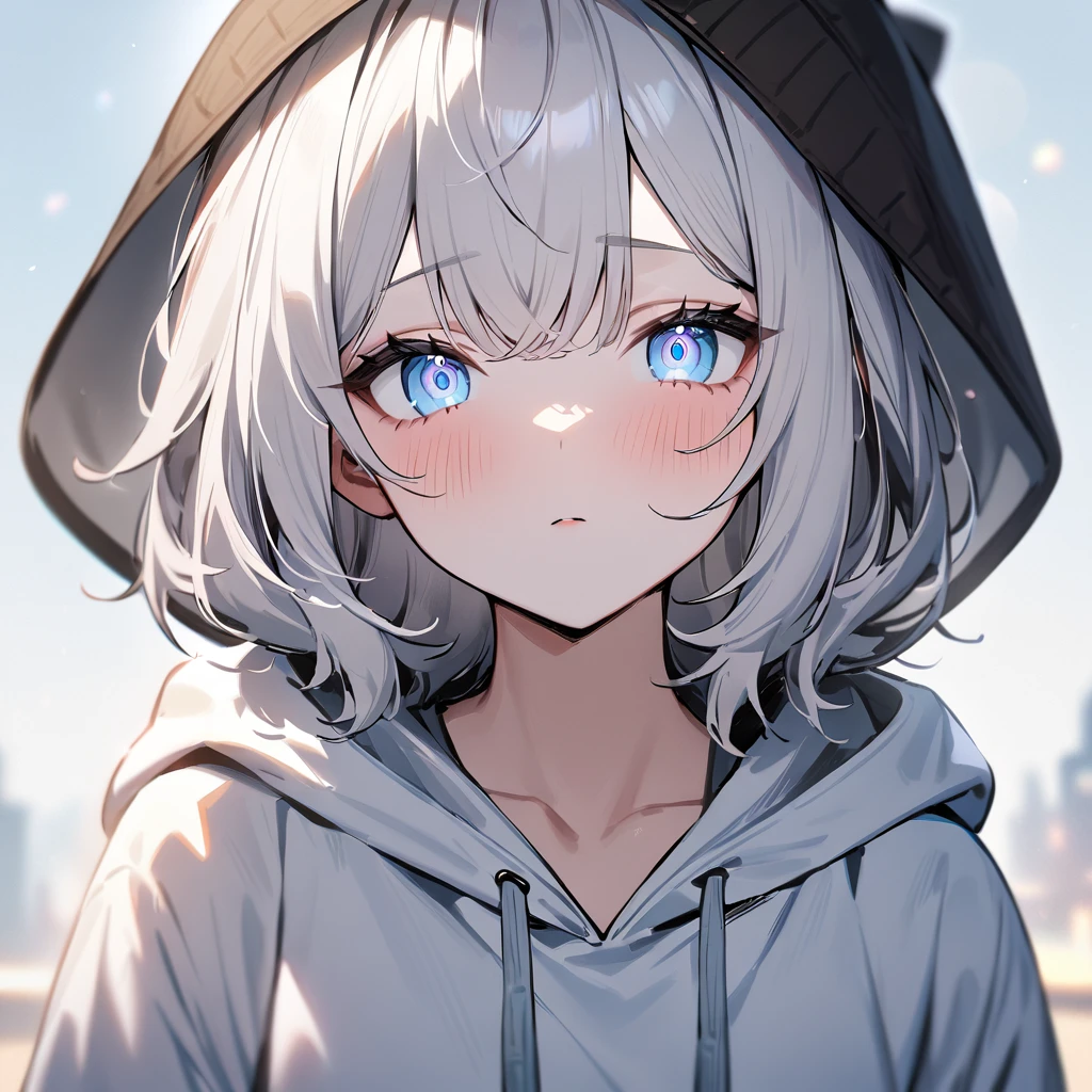 1girl,masterpiece,best quality,very aesthetic, absurdres,pale hair,pale eyes,light blue eyes,Detailed eyes,Costumes,hoodie