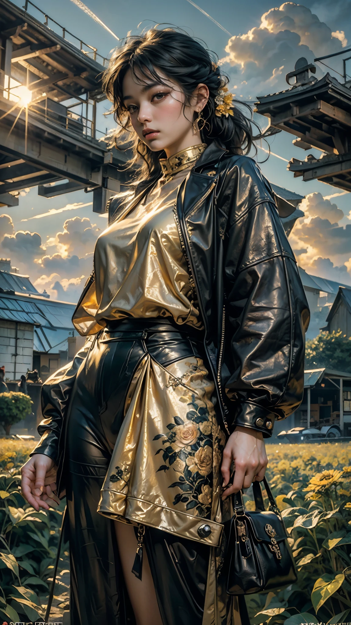 (realism: 1.3), Big, quality, Rembrandt lighting, (masterpiece: 1.2), (realism: 1.2), (Best quality), (leather details: 1.3), (the hardest part), dramatic, Idyllic, ray tracing, 1 girl, Chinese yellow girl, Long black hair, 14 years, modern clothes, Sun, Clouds, fields, farms, star Light, Trails)