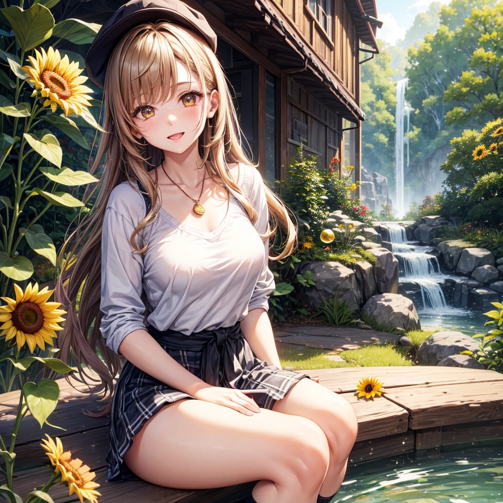 Red, brown, gold, gold hair、Golden Eyes、Hair tied up、One good looking girl、solo、anime、Checkered mini skirt、Ruffles on the skirt、camisole、Lightweight cardigan、Black knee-high socks、Wearing a baseball cap、Ribbon、Ribbon on waist、Teeth are visible、Silver coin necklace、From above、Sunflower Tunnel、Cobblestones、waterfall、Clear Stream、Have sunflowers、Midnight Moon、Winding Road、Unlocking、suspension bridge、Flying soap bubbles