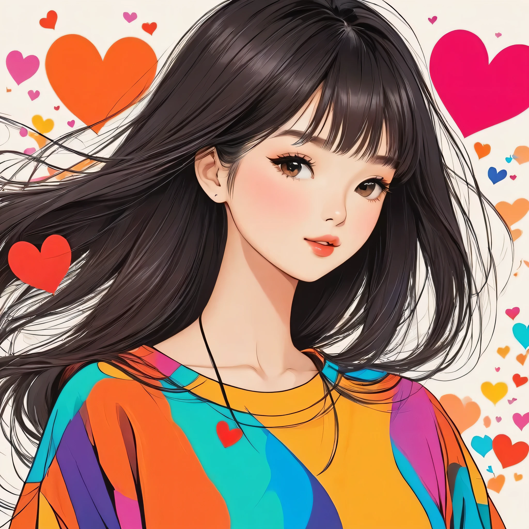 Mai Yoneyama style, Simple Line Initialism，Abstract art，Urban Background, colorful hearts ,(((The most beautiful girl of all time))),
