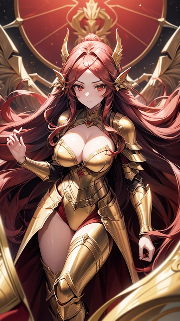 woman, long hair,, Golden Armor, Sagittarius Armor, very long hair, (long hair), long hair, (((Red hair))), (((Red hair))), Detailed images, Super definition, 16K, looking at camera, wing, Golden armor, helmet, Sagittarius Armor,Huge breasts,cleavage