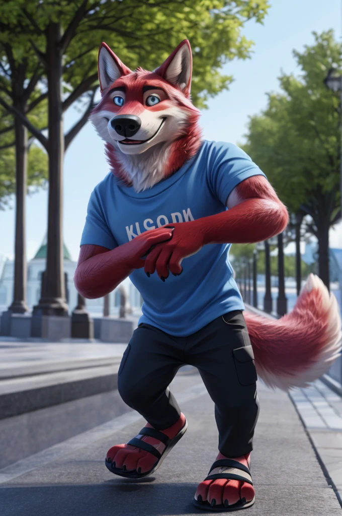 Ivan Wolfbach (Moscow),high,Beautiful,slim,24 years,wolf, red fur,high Beautiful wolf, 24 years,(red body:1.3),beautiful blue eyes,Moscow россия, t-shirt, trousers,sandals,canine, wolf, detailed fur, male, antro, paw pads, finger claws, at viewer, 5 fingers, paws, 5 fingers,day,digital photography, soft focus,good mood,photorealism, realistic, photorealistic,digital style,from close walks around the city, Very close to the camera, digital photography, smile positive, good,mood, tempts,
masterpiece, Best quality, ultra realistic, 8 k)