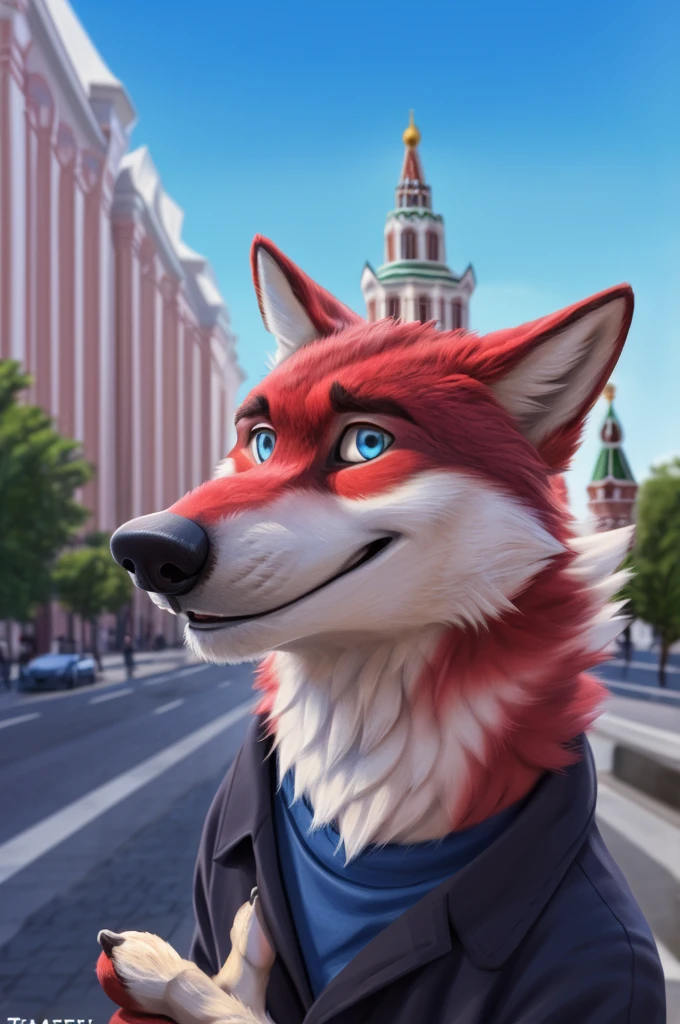Ivan Wolfbach (Moscow),high,Beautiful,slim,24 years,wolf, red fur,high Beautiful wolf, 24 years,(red body:1.3),beautiful blue eyes,Moscow россия, t-shirt, trousers,sandals,canine, wolf, detailed fur, male, antro, paw pads, finger claws, at viewer, 5 fingers, paws, 5 fingers,day,digital photography, soft focus,good mood,photorealism, realistic, photorealistic,digital style,from close walks around the city, Very close to the camera, digital photography, smile positive, good,mood, tempts,
masterpiece, Best quality, ultra realistic, 8 k)