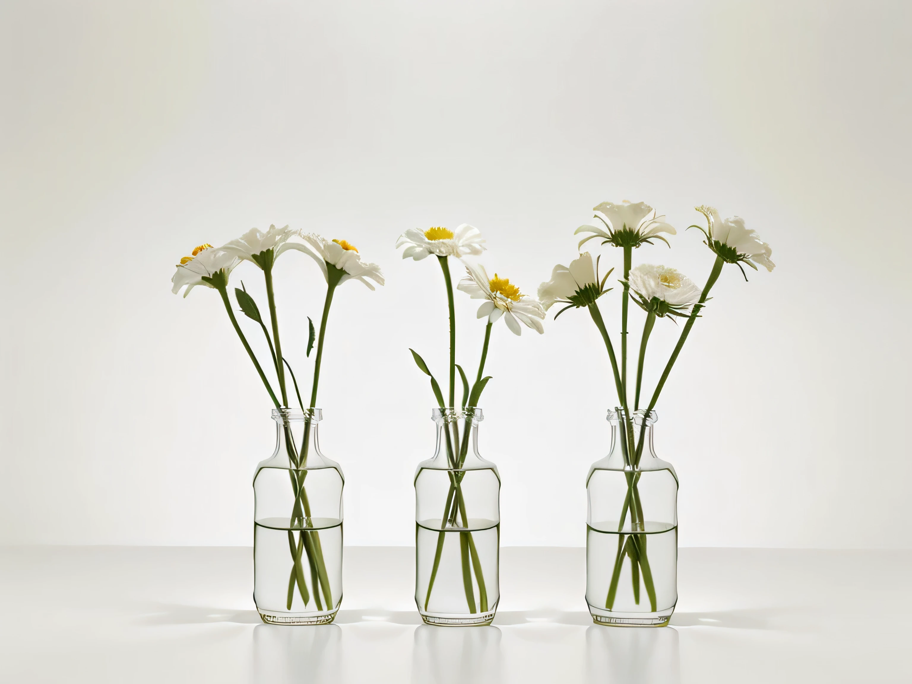 nobody, 20 different flowers are presented one by one, White background, bright colors, There is a white empty space at the top, No stem, There are no vases, no water