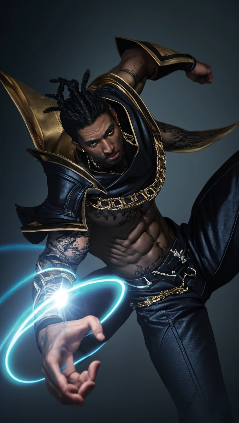 ((Best Quality, 4K, Masterpiece: 1.3)), a man with a sword in his hand and a glowing light in his hand, sylas, inspired by Huang Shen, arcane jayce, inspired by Li Kan, by Yang J, inspired by Shen Zhou, raziel irl, Black man, African man, cyberpunk, Dreadlocks hairstyle, Dreadlocks, Dread, curly hair, ponytails hairstyle, ponytails, Hair Braid, Braids, Braided, short hair, Body sixpack, Body Muscle, Muscle, No Moustache, without Moustache, dark tane skin, Shoulder armor, 4K, HD, Ultra Realistic, extremely detailed