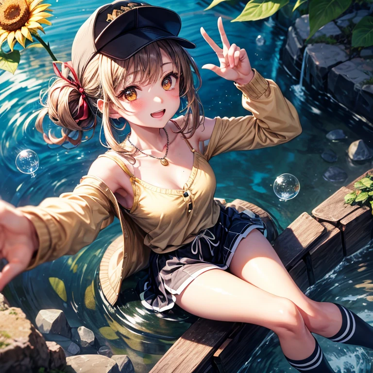 Red, brown, gold, gold hair、Golden Eyes、Hair tied up、One good looking girl、solo、anime、Checkered mini skirt、Ruffles on the skirt、camisole、Lightweight cardigan、Black knee-high socks、Wearing a baseball cap、Ribbon、Ribbon on waist、Teeth are visible、Silver coin necklace、From above、Sunflower Tunnel、Cobblestones、waterfall、Clear Stream、Have sunflowers、Midnight Moon、Winding Road、Unlocking、suspension bridge、Flying soap bubbles