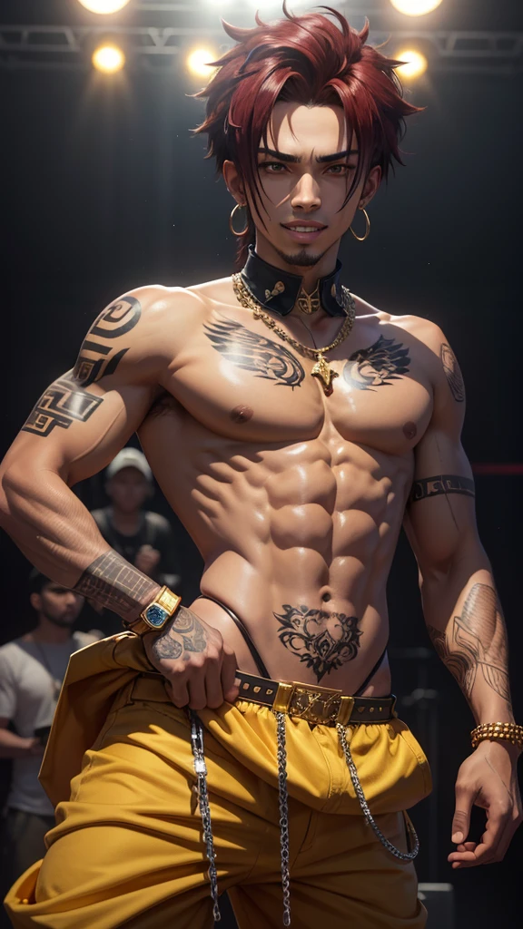 ((masterpiece, best quality)),(complex lighting) ,solo,(((1guy))), ((Black skin)), emo rapper, Slightly notorious criminal, mischievous toothy grin with several gold teeth, ((light skinned)), freckled face, undercut with long bangs, dark red hair, tattoos, distinctive intricate tattoo on left side of his face, heavily tattooed, gun tattoo on stomach, gold chains, diamond necklace and diamond earrings, baggy pants, performing on stage, (((anime style))), (((8k)))