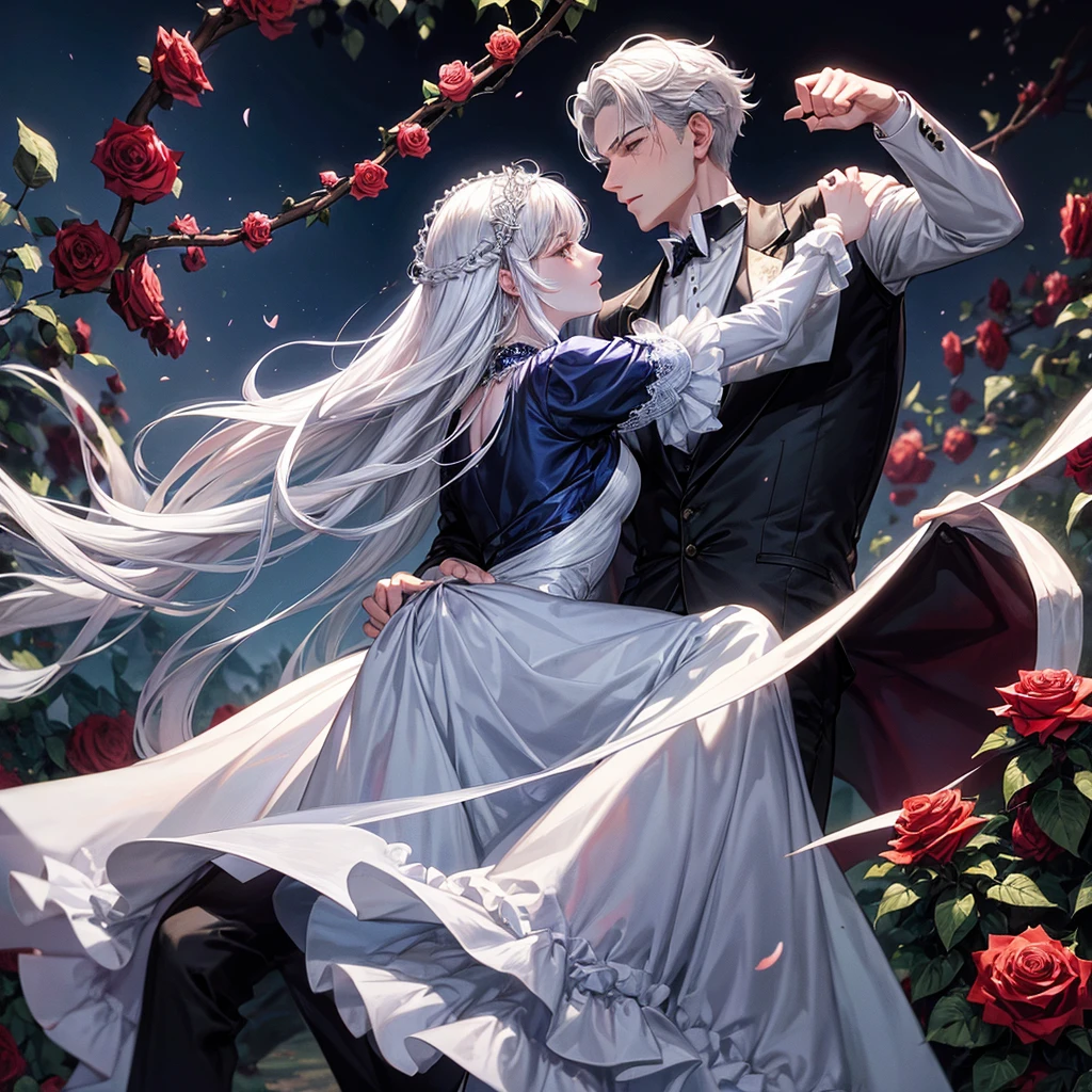 A woman and a man dance under the moonlight, surrounded by rose bushes. The gentleman dresses elegantly, Her white skin contrasts with her silver hair.. The Lady, black hair, seems to rise with the wind, his skin also pale, and she wears a beautiful blue silk dress.