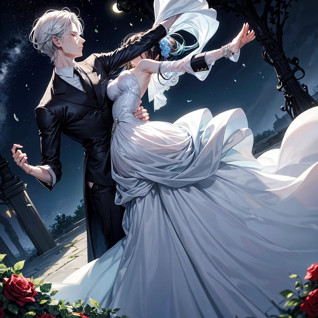 A woman and a man dance under the moonlight, surrounded by rose bushes. The gentleman dresses elegantly, Her white skin contrasts with her silver hair.. The Lady, black hair, seems to rise with the wind, his skin also pale, and she wears a beautiful blue silk dress.