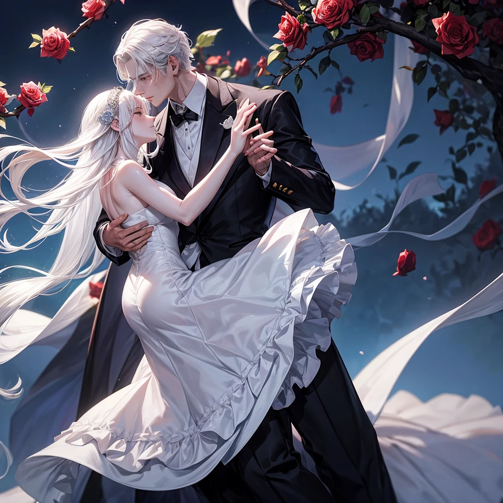 A woman and a man dance under the moonlight, surrounded by rose bushes. The gentleman dresses elegantly, Her white skin contrasts with her silver hair.. The Lady, black hair, seems to rise with the wind, his skin also pale, and she wears a beautiful blue silk dress.